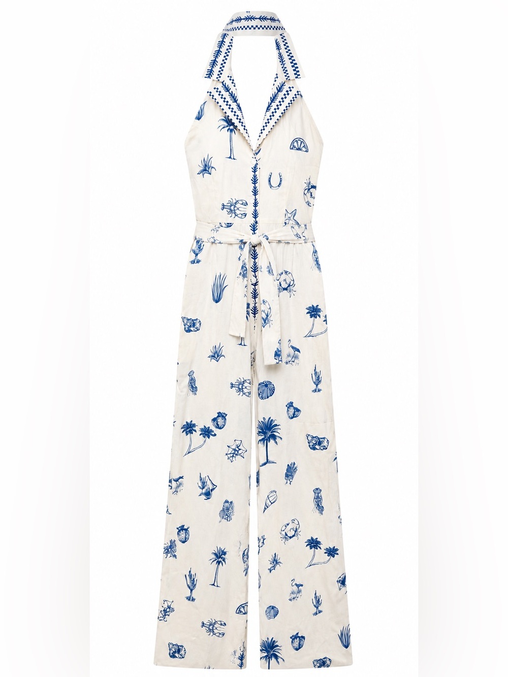 Endless Moon Coastal Print Halter Wide Leg Jumpsuit Belted S